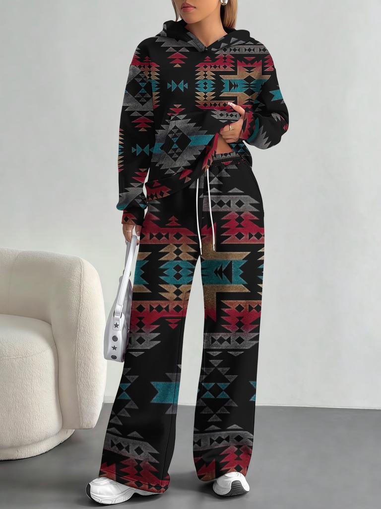 European And American Autumn And Winter Casual Long-Sleeved Suit Women'S Bohemian Hooded Sweater Trousers Two-Piece Set