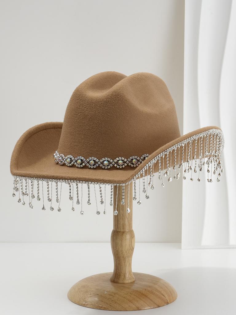 Ladies Wedding Bridal Top Hat, Western Curled Cowboy Hat, Eye Jewel with Fringed Rhinestones, Holiday Travel