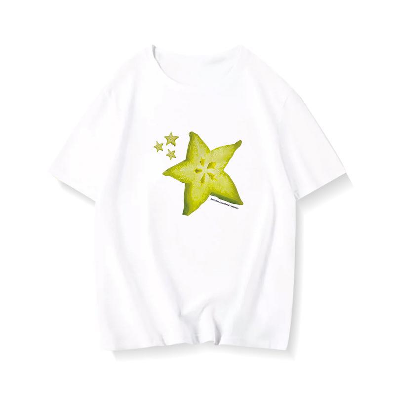 Ladies Summer Short Sleeve Round Collar Pullover Casual Starfruit Printed Teenager Oversize T Shirt Top