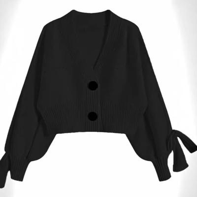 Temperament Thickened and Thin Knitted Cardigan Women's Winter Loose Short High-waisted V-neck Sweater Lantern Sleeve Jacket Top