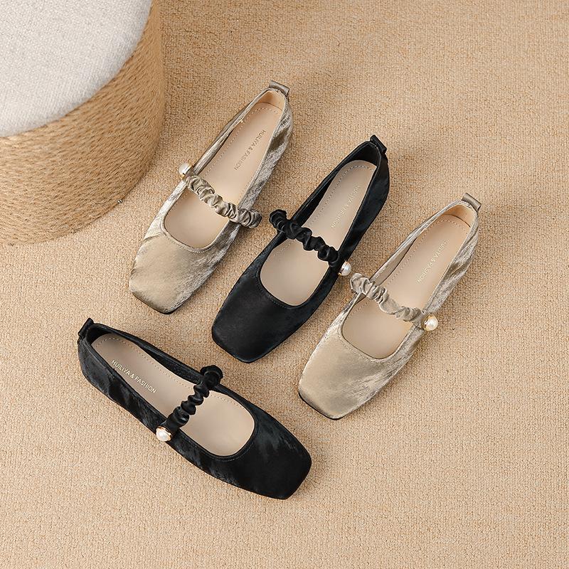 Fashion French New Style Sweet Mary Jane Flats Pearl Decorated Slip On Vulcanized Shoes for Women All Seasons