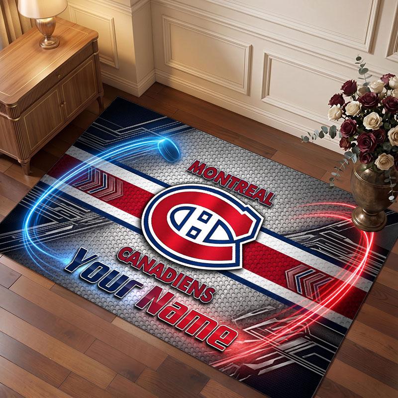 Montreal Canadiens Personalized Crystal Velvet Carpet, Customized Name Text Soft Anti‑Slip Rug for Living Room Bedroom