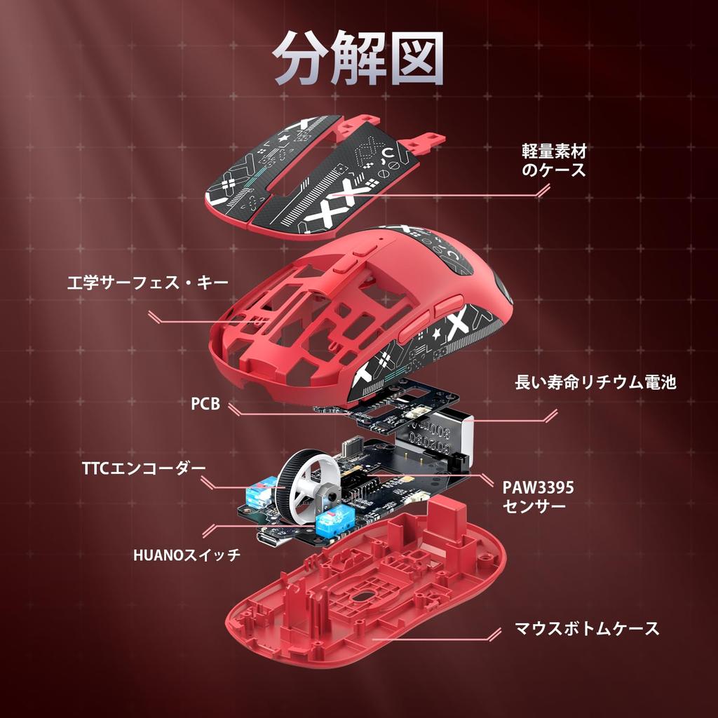 MAMBASNAKE X ATTACK SHARK X6 Gaming PAW3395 Wireless DPI 26000 200 Hours of Continuous Magnetic RGB Charging Red Sticker Ultra-Lightweight Mouse, 49g,