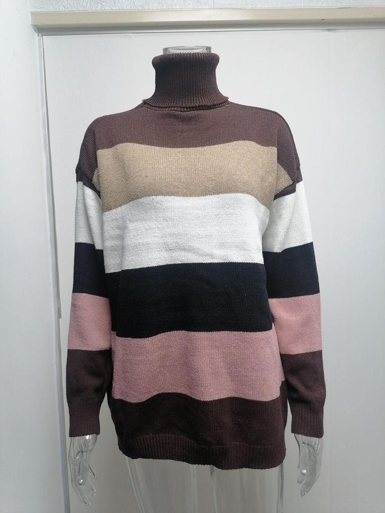 2025 Autumn/Winter High Neck Patchwork Knit Plus Size Women's Striped Sweater