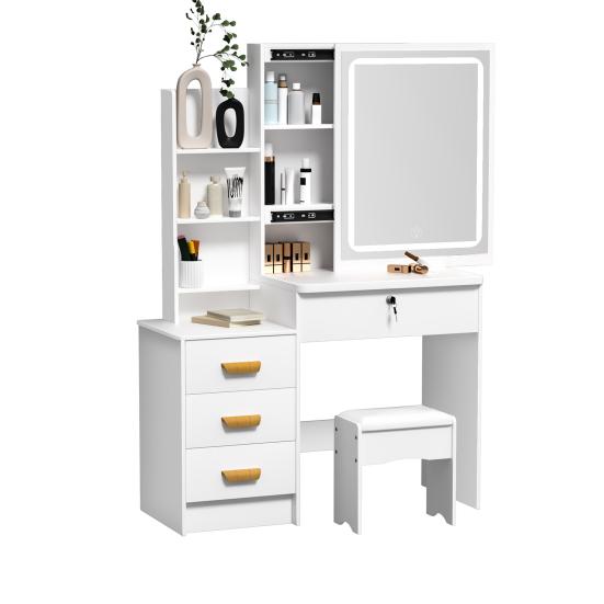 Makeup Vanity Desk with LED Lighted Mirror, Vanity Table with 4 Drawers and Opening Shelves, Bedroom Dressing Table with Stool