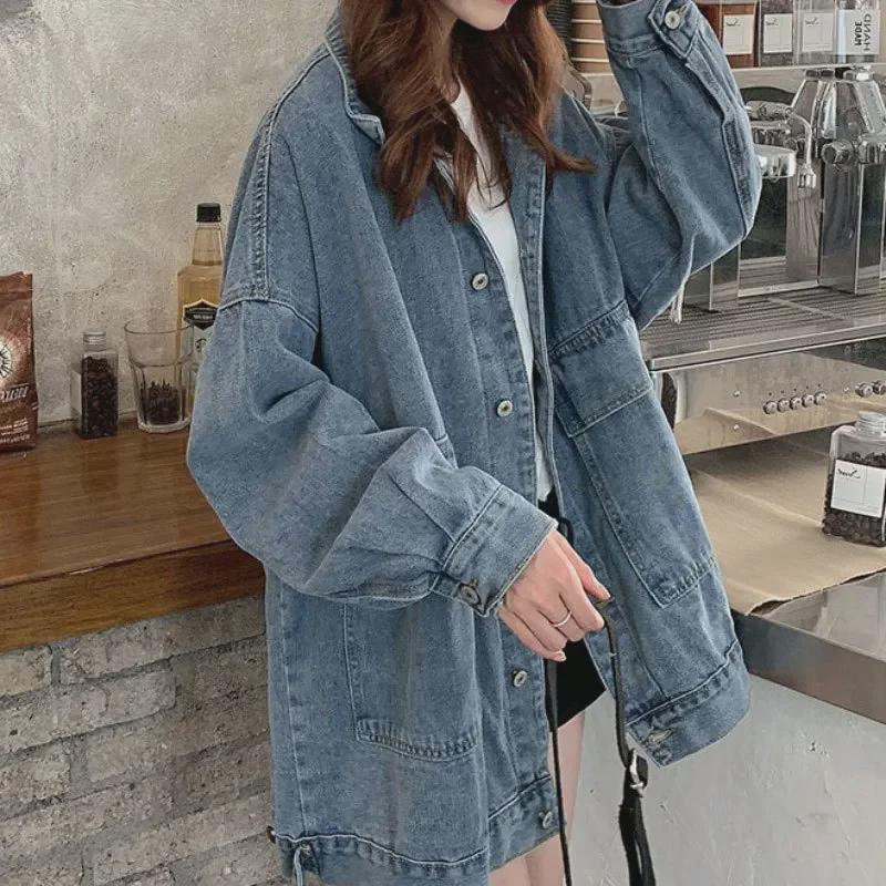 Women's Korean-Style Denim Jacket, Loose-Fit, Long-Sleeved, for Spring/Autumn 2021 - Trendy Harajuku Top