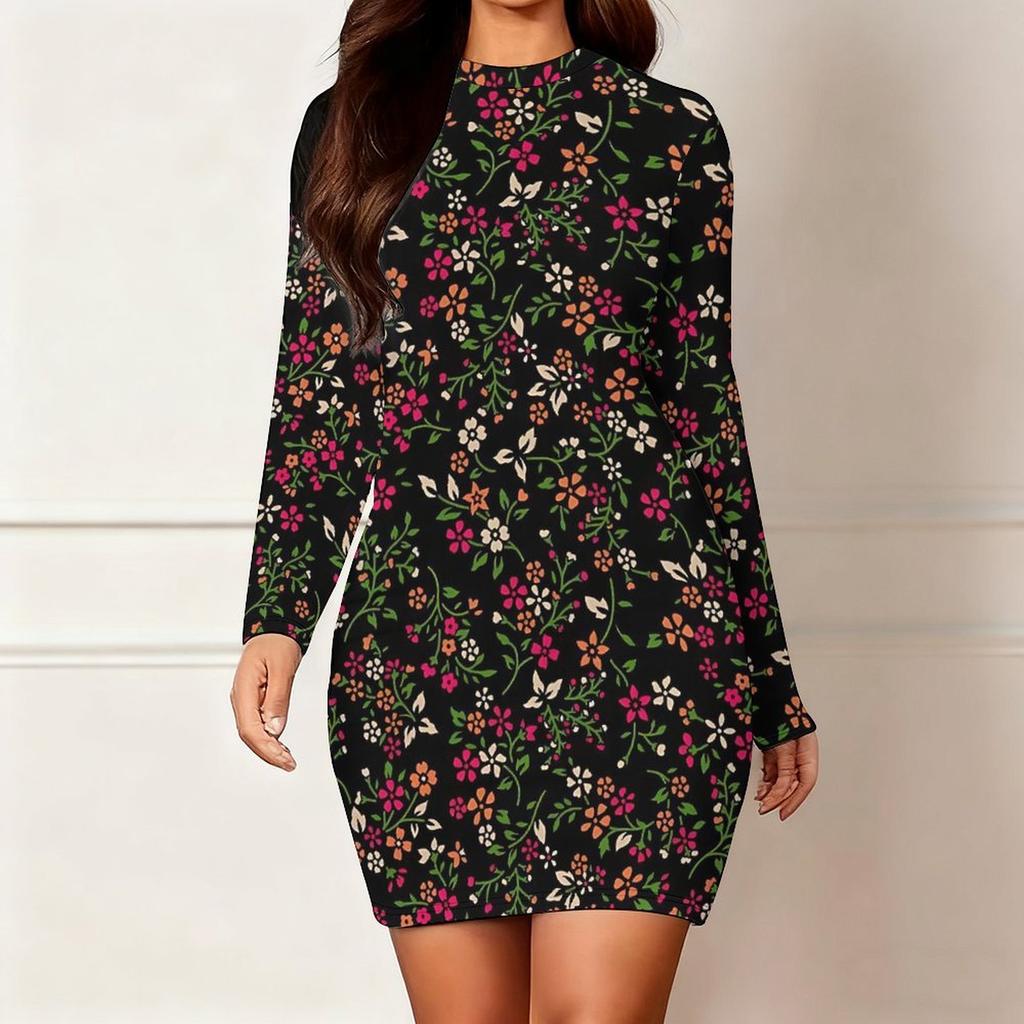 2025 Outono e Inverno Novo Estampa Floral 3D e Tingimento Moda Feminina Manga Longa Gola Redonda Vestido Envolvente de Quadril Dia dos Namorados Limitado