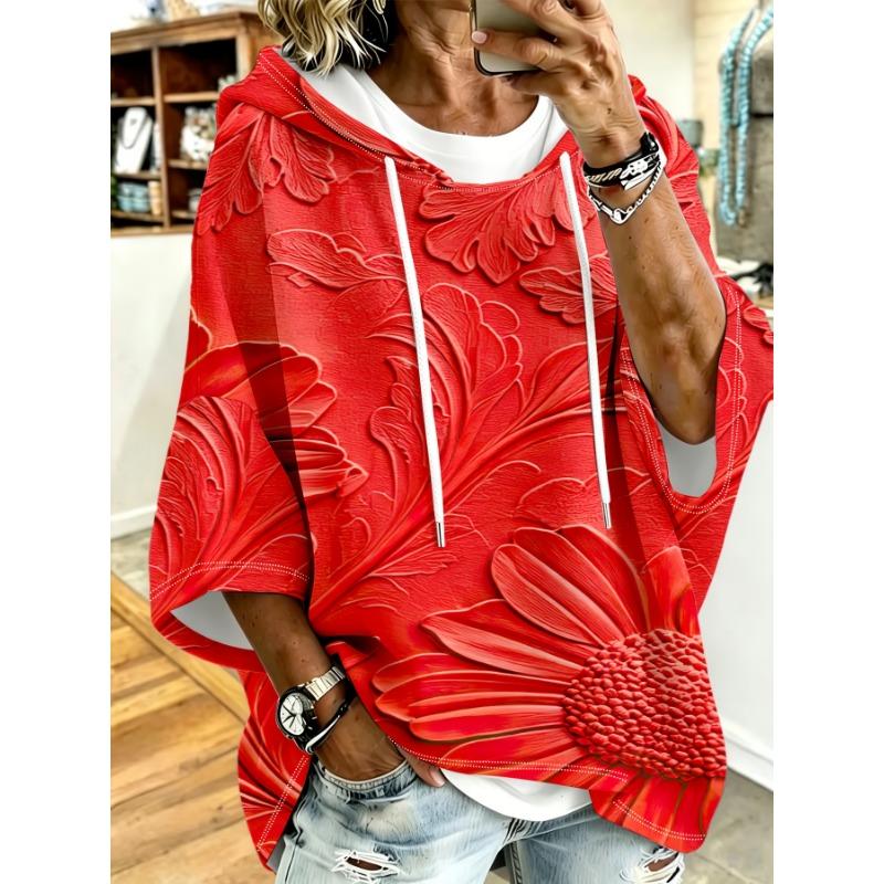 White Daisy Texture Loose Drop Sleeve Hoodie