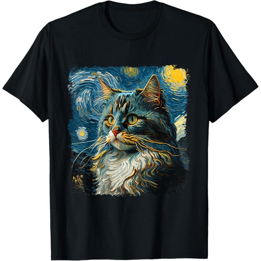 Maine coon Cat Art Van Gogh Inspired Starry Night Cat Design T-Shirt S
