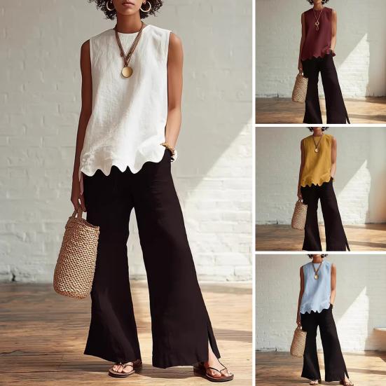 Ärmellose Damen-Tops Atmungsaktives Sommer-Top Lässiges Lockeres Top mit Wellensaum Bequemes Rundhals-Shirt für den täglichen Gebrauch Reisen