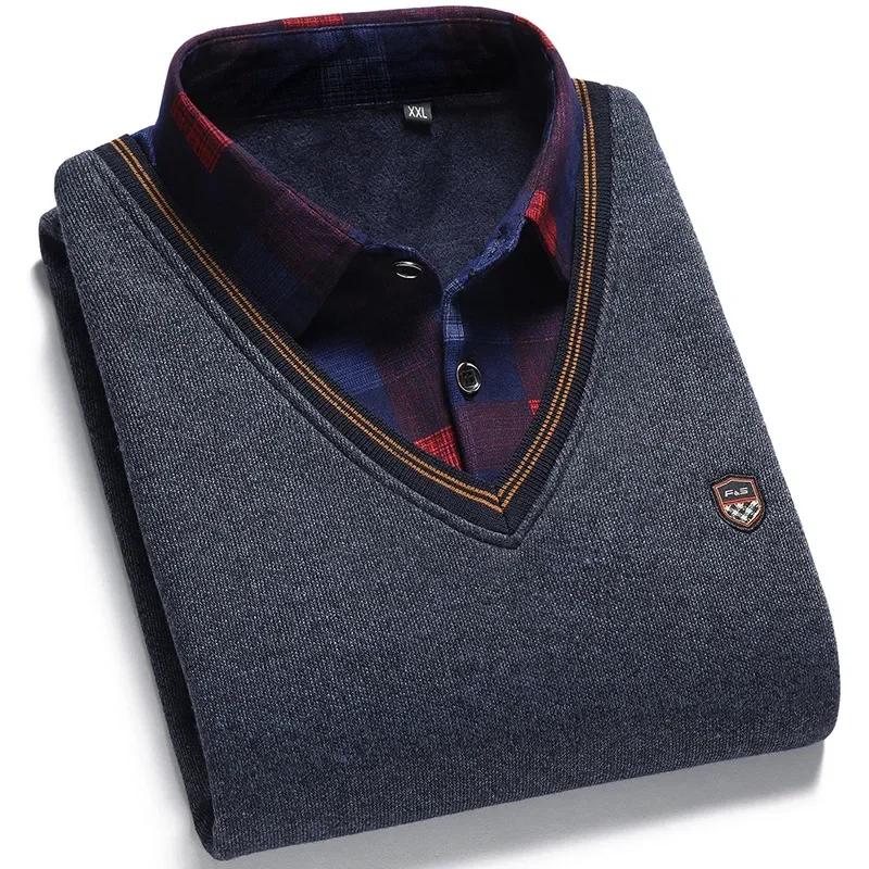New Autumn Winter Men's Wool Shirt-Neck Sweater Fashionable Plaid Solid Thickened Warm Fleece High Quality Versatile Casual