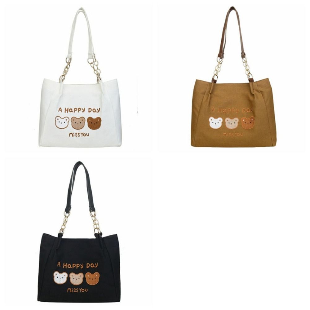 Printed Bear Shoulder Bag Large Capacity Canvas Handbag Simple Cartoon Tote Bag Girls