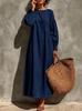 2026 Autumn/Winter Linen Puff Sleeve Round Neck Maxi Beach Dress for Women