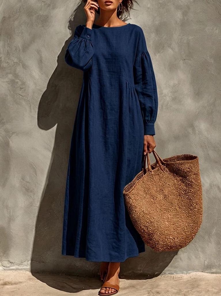 2026 Autumn/Winter Linen Puff Sleeve Round Neck Maxi Beach Dress for Women