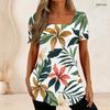 Women Plus Size U Neck Short Sleeve T Shirt White Tropical Floral Leaf Print Casual Top
