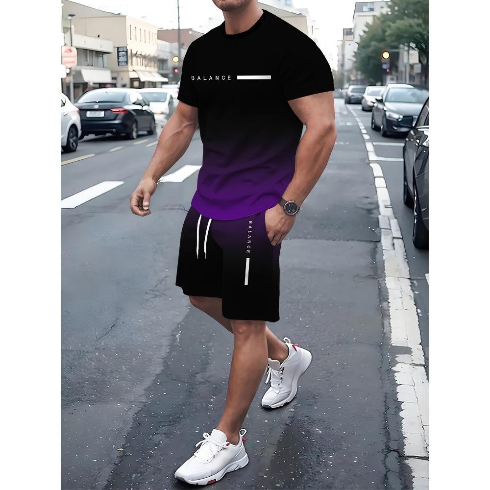Sommeranzug 3D-Druck Herren Freizeit Kurzarmanzug Geeignet für Sportanzug Herren Rundhals Kurzarm Oberteil Und Shorts