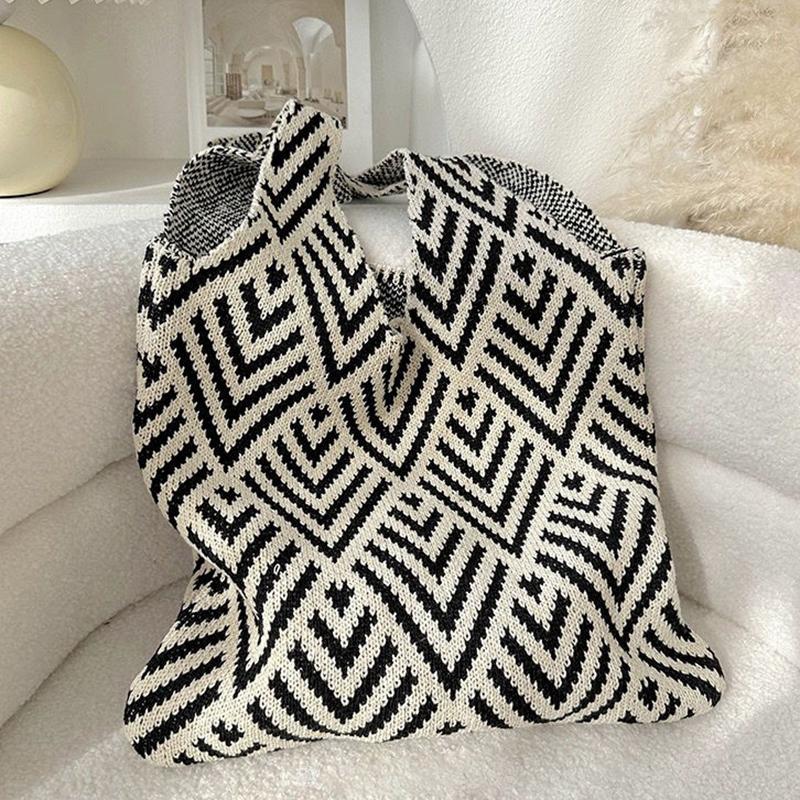 Fashion Geometric Contrast Color Handmade Knitted Handbag Women Minimalist Large Capacity Crochet Shoulder Bag