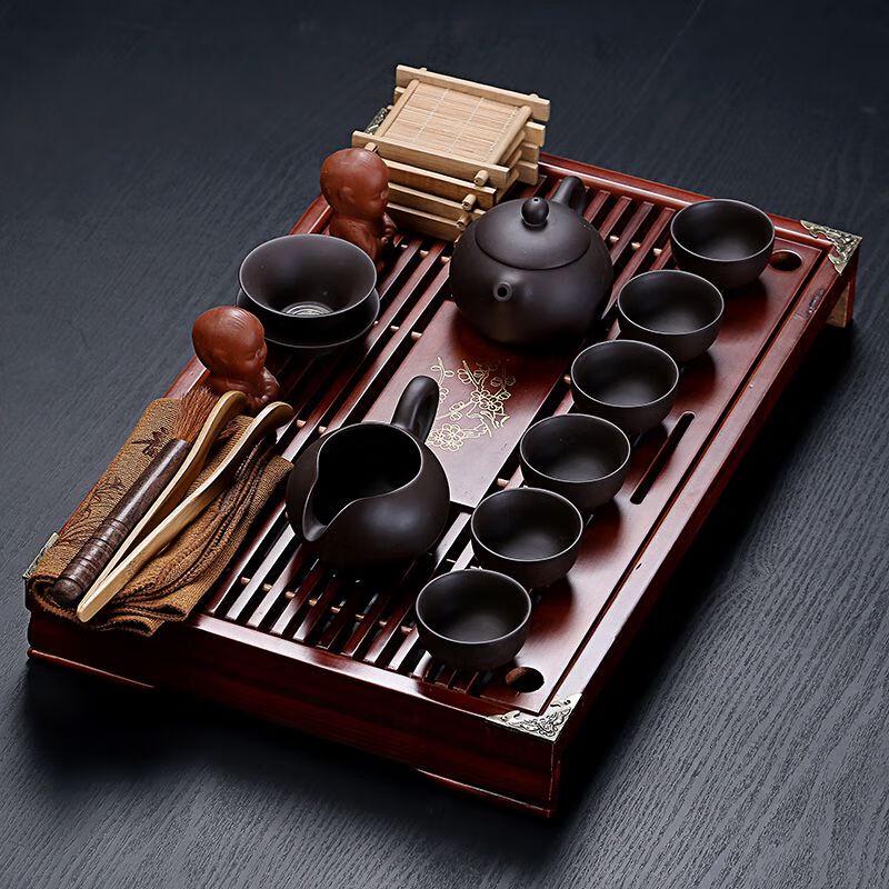 Zisha Ceramic Gongfu Tea Set with Solid Wood Tray
