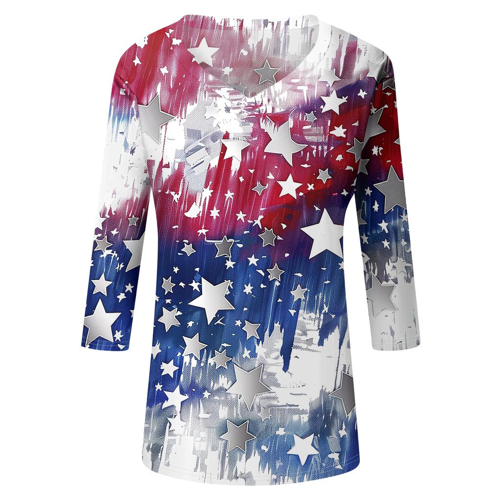 Women's Tops Three-quarter Sleeve Shirt V-neck Loose Casual Shirt Print T-shirt