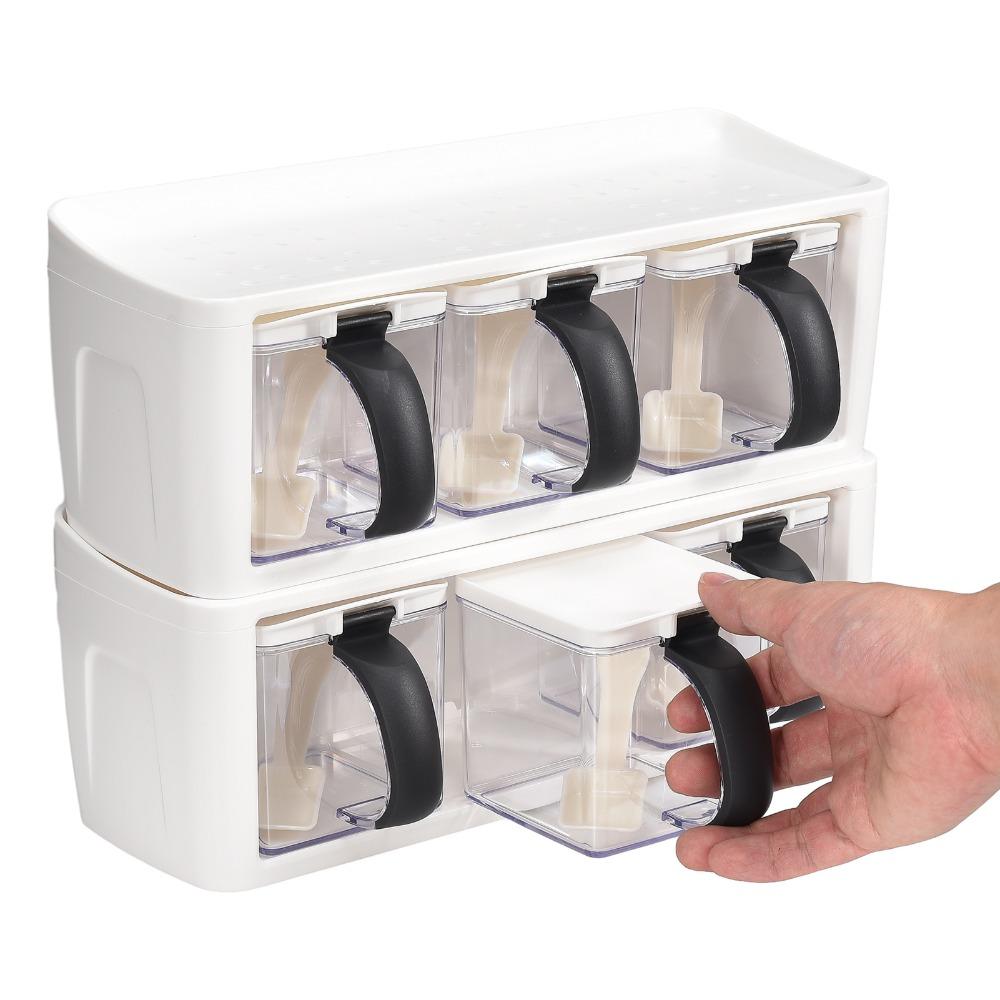 2pcs 3 Grids Seasoning Container Set With Lid And Spoon Condiment Storage Jars  For Kitchen