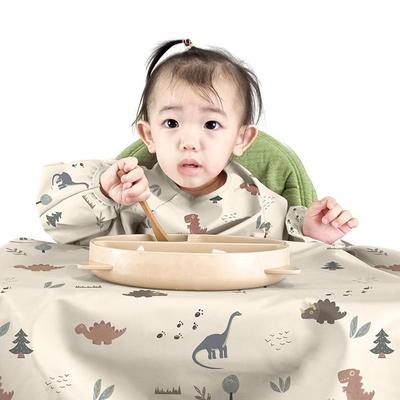 Lemayer Baby Food Integrated Waterproof Apron Long Sleeve Open Bib, Beige Dinosaur, 1 Piece, 1 Piece