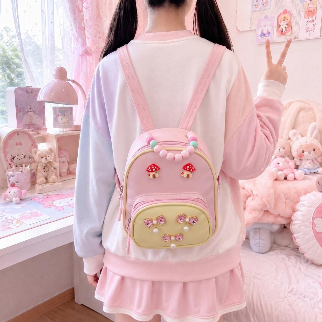Girls' Schoolbag - Cute Pearl Butterfly Knot Double-shoulder Bag - Children's Hand-held Backpack