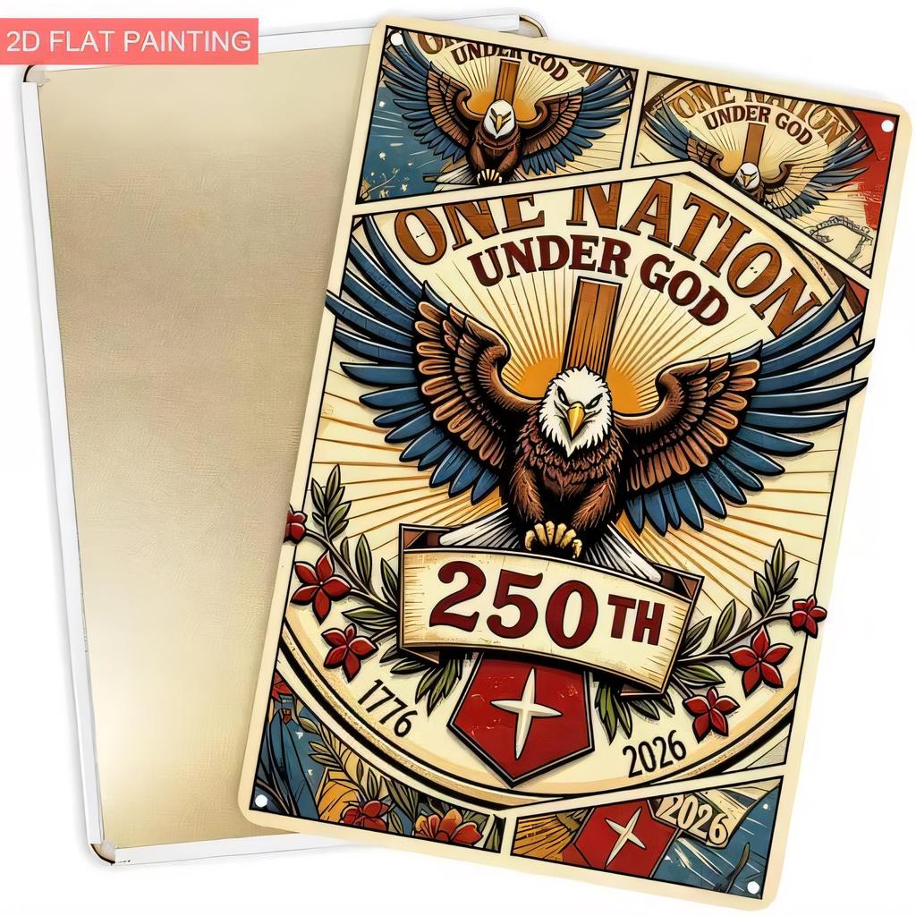 Tin Sign Th Anniversary Under God Vintage Metal Plaque Wall Art Eagle Wings Religious Patriotic Theme Commemorati