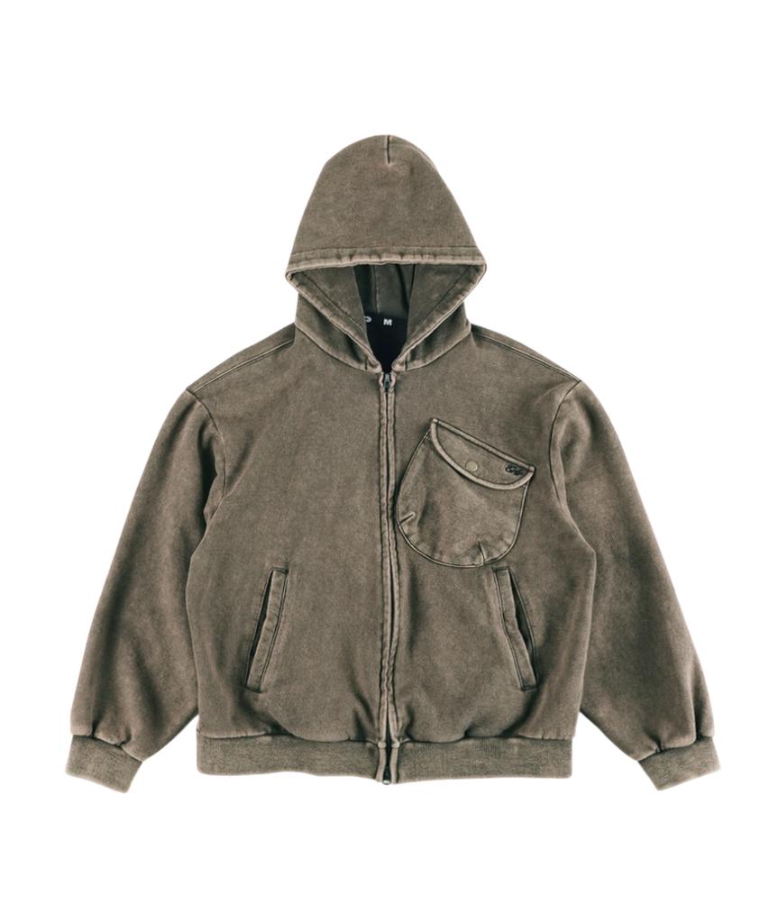 Ertr Chest Pocket Hoodie Zip Up Brown