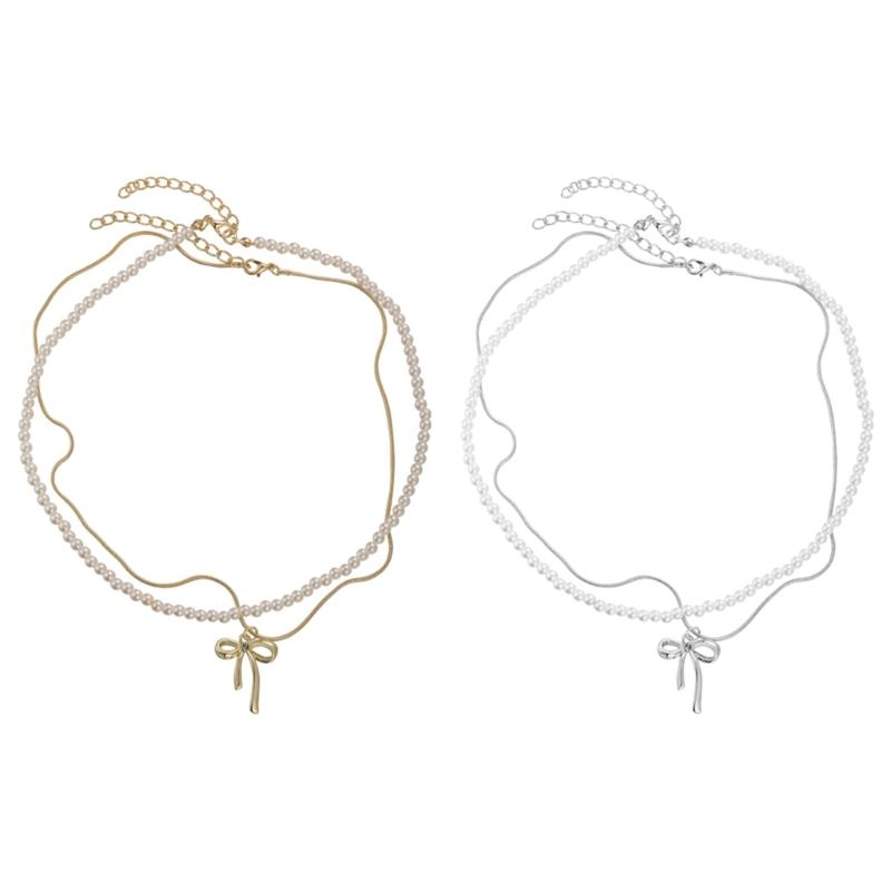 Stylish Beaded Necklace with Bowknot Pendant Choker Necklaces Fashionable Jewelry Gift Adjustable Chain for Women Girls