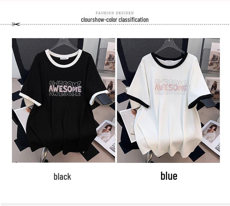 Plus Size Figurformendes, lockeres, mittellanges Kurzarm-T-Shirt für Damen – Rundhalsausschnitt 