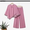 VONDA Womens Two Piece Set Loose Fit Tunic Tops with Lace Trim and Wide Leg Pants Elegant Casual Outfits