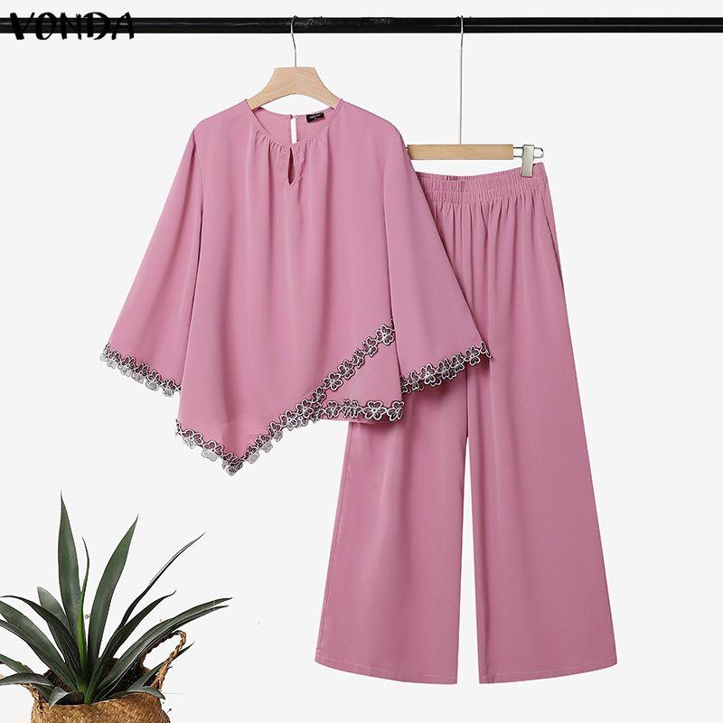 VONDA Womens Two Piece Set Loose Fit Tunic Tops with Lace Trim and Wide Leg Pants Elegant Casual Outfits