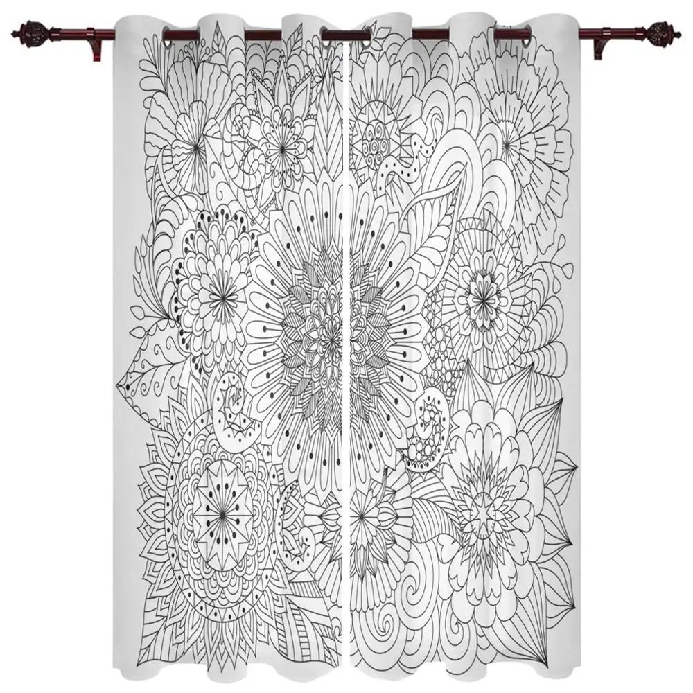 Snidade Mandala Blommor Abstrakt Mönster Cirklar Hög Skuggning Fönstergardiner Scenisk Mörkläggningsdraperi för Vardagsrum Dekorativt