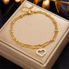 Gold Plated Double Layer Anklet with Hollow Heart Charm, Dainty CZ Paved Foot Chain for Women, Summer Beach Boho Jewelry