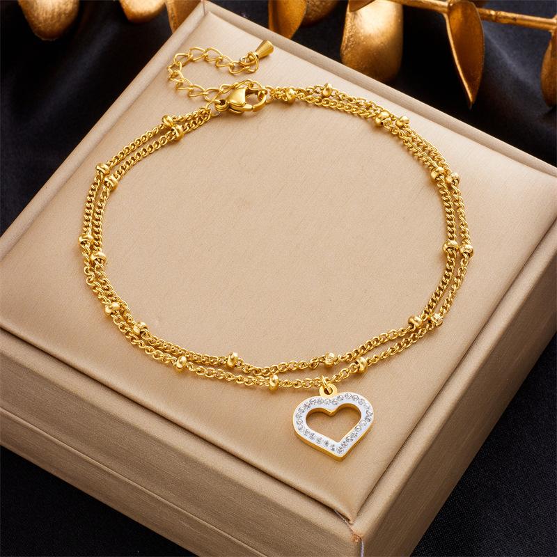 Gold Plated Double Layer Anklet with Hollow Heart Charm, Dainty CZ Paved Foot Chain for Women, Summer Beach Boho Jewelry