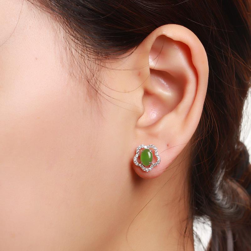 925 Sterling Silver Hetian Jasper Plum Blossom Jade Earrings with Certificate - Ancient Chinese Style