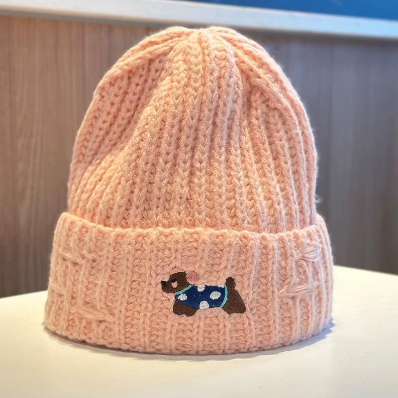 Welpen Bestickte Strickmütze für Damen im Herbst und Winter Warm Süß Niedlich Vielseitig Gesicht Zeigend Klein Überziehmütze, Trendig