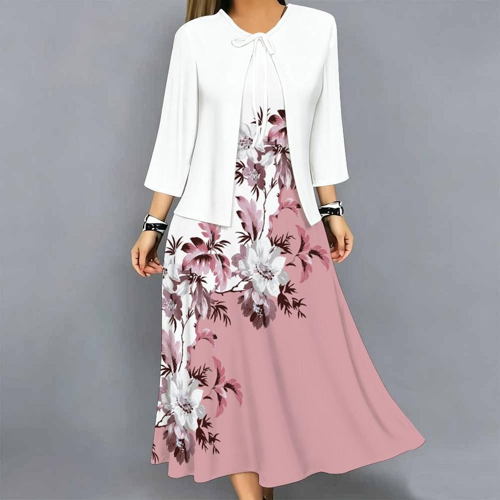 Oversized Ladies Two Piece Set Printed Slip Dress With Long Sleeve Open Front Cardigan