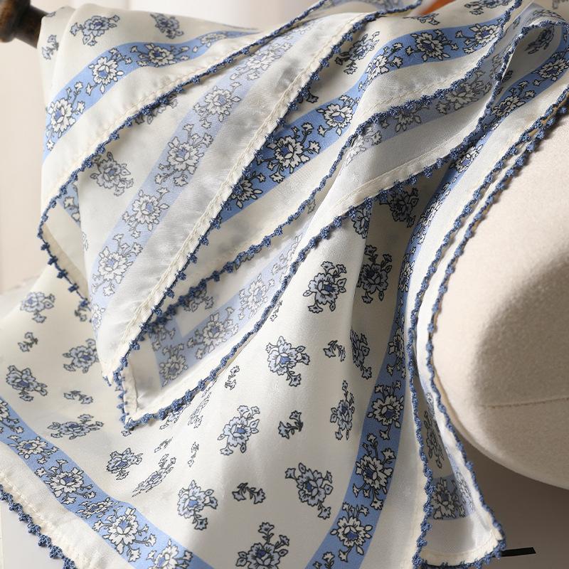 French retro blue silk square scarf 16 mmi small silk scarf gentle wind commuter accessories multi-purpose headscarf