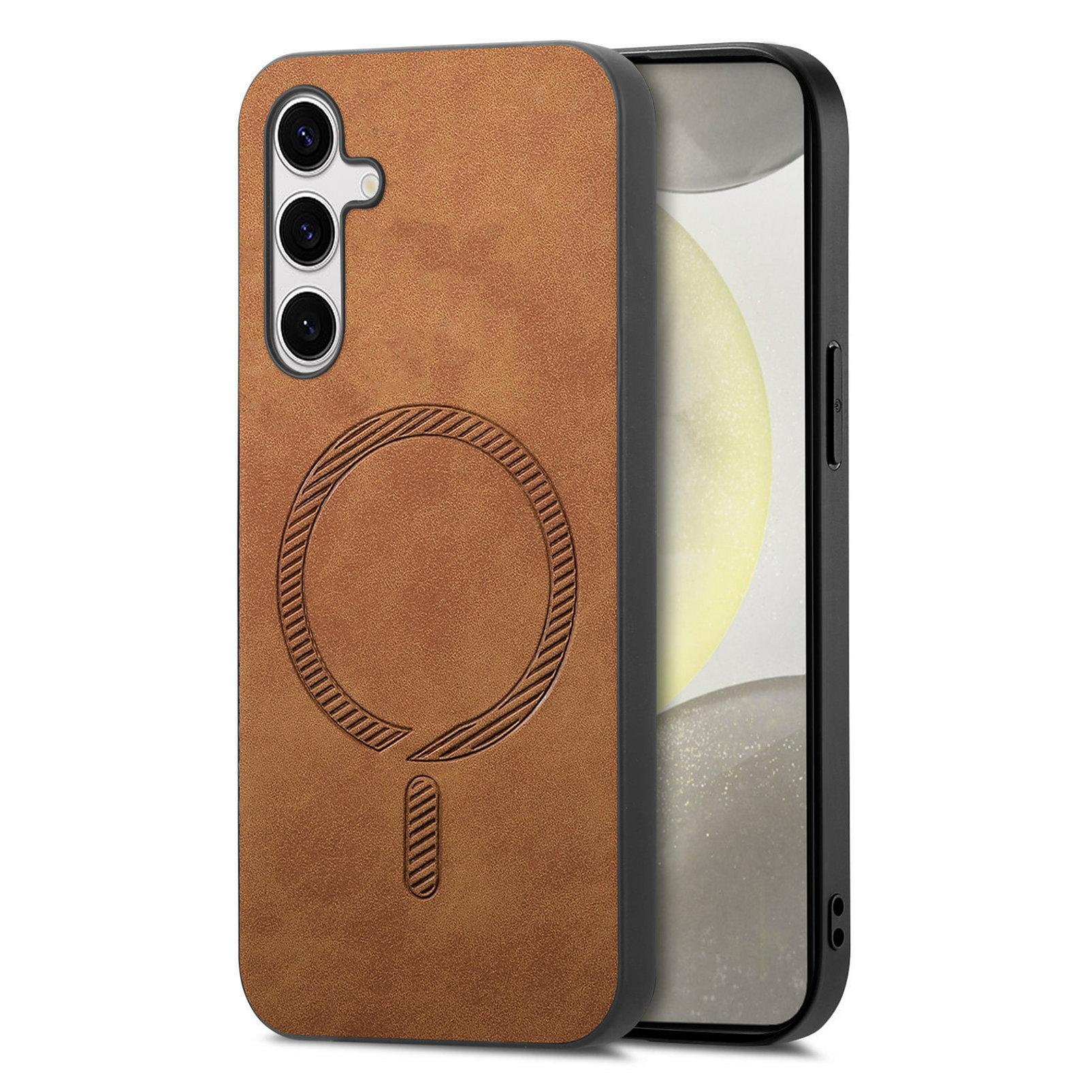 

For Samsung Galaxy S24 FE Leather Back Case Compatible with MagSafe Skin-touch Phone Cover Brown