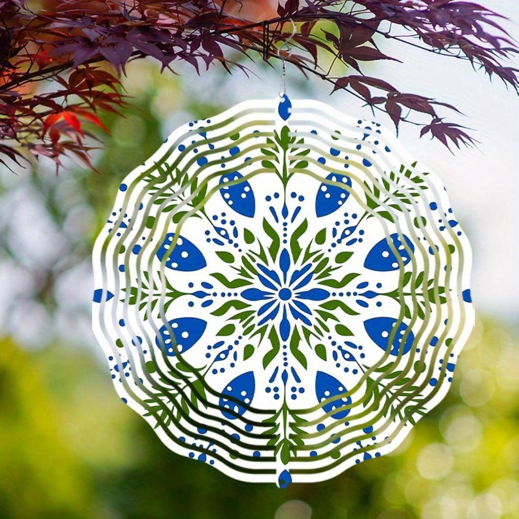 Bohemian Style Kinetic Wind Chime Metal Indoor Outdoor Hanging Decor Blue Green Floral Design Garden Patio Balcony Window Decoration All Season