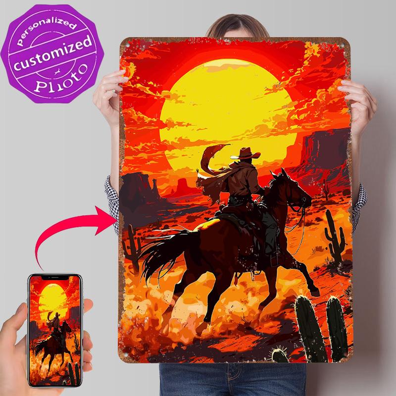 Cowboy Riding Horse in Desert Landscape Metal Poster Customized Wall Art Retro Vintage Tinplate Signs for Room Ornaments House
