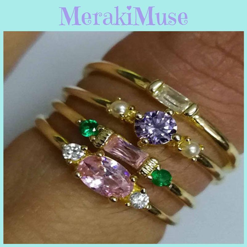 Exquisites vergoldetes Ring-Set für Damen mit funkelnden Zirkon-Edelsteinen