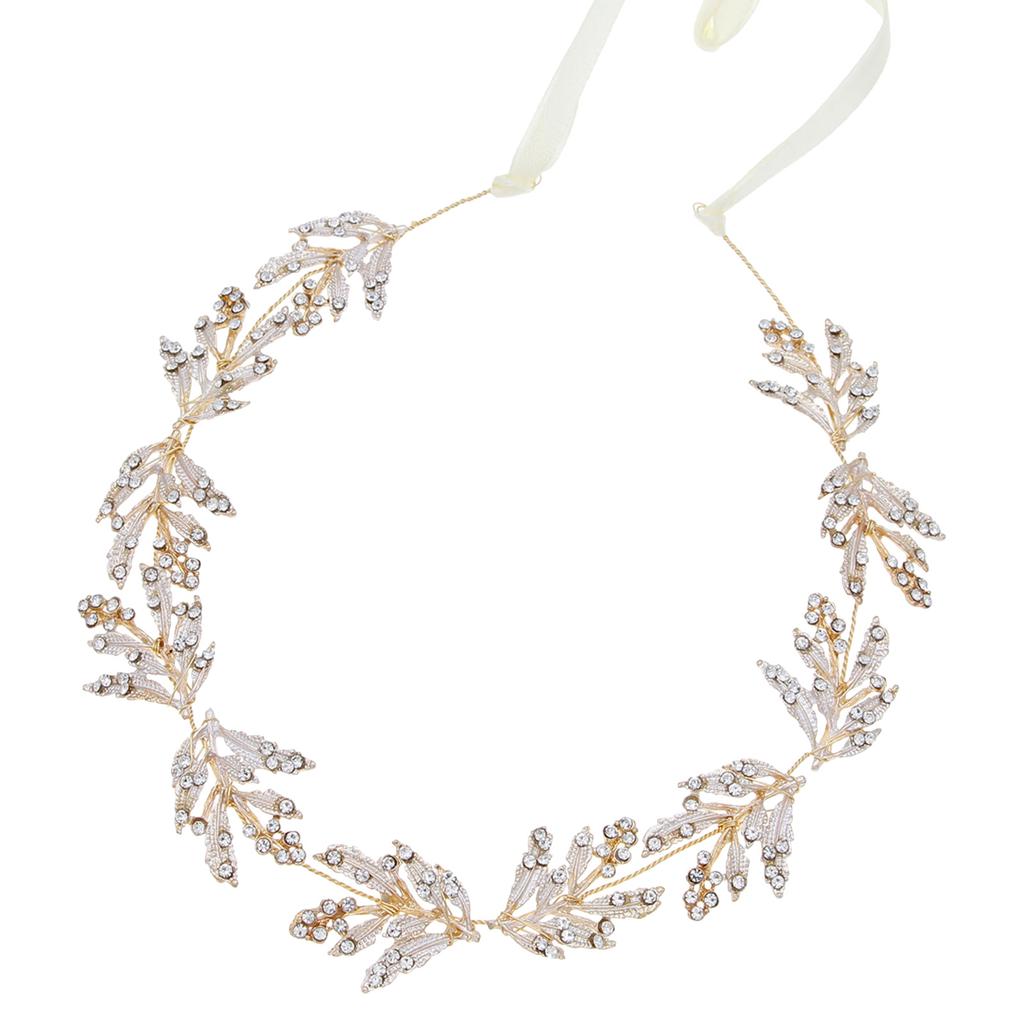 Crystal Rhinestone Hairband With Golden Leaf Design For Wedding Party