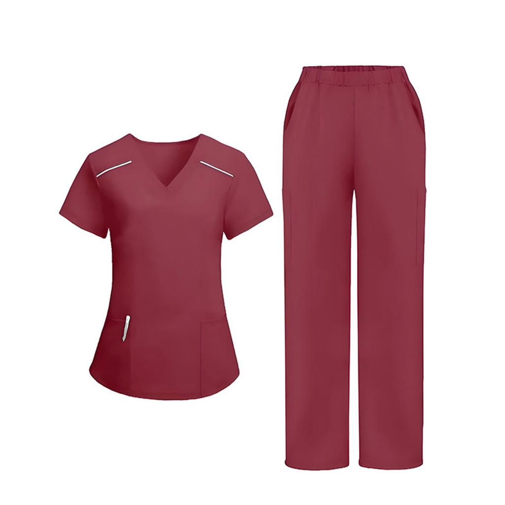 Ladies' Loose And Comfortable V-neck Short Sleeved Workwear With Multiple Pockets Suit Set