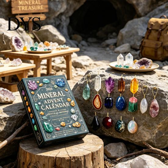 Mineral Collection Box Gemstone Advent Calendar, 24-Day Christmas Countdown Set with 2D Unique Holiday Home Decor Acrylic Ornaments, Tree Hanging