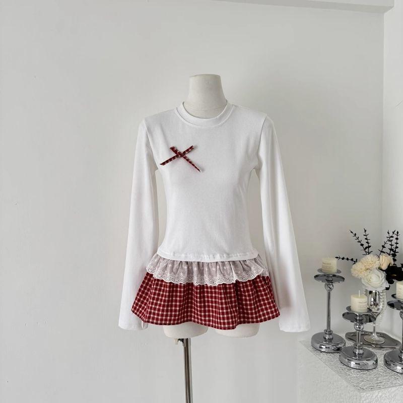 Autumn 2025 Women s Plaid Ruffle Long Sleeve Bow Waist Slimming T-shirt S