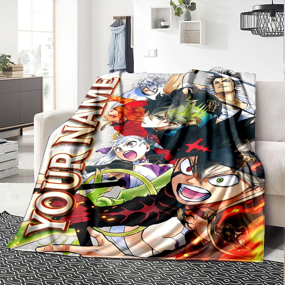 1pc Black Clover Blanket with Custom Name, Gift, for Men and Women, Soft Blanket, Good for Sofa Bed Couch Travel, Lightweight Flannel Blanket