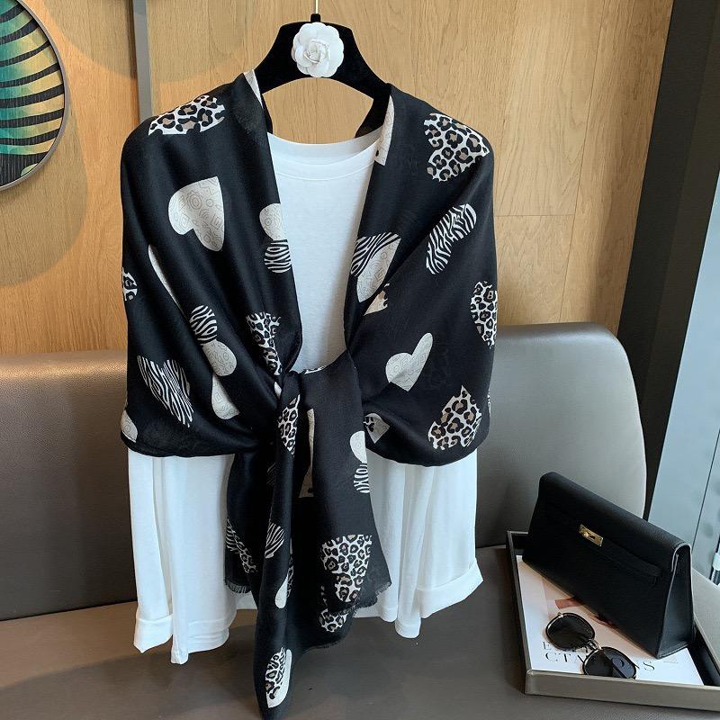 Winter Leopard Dot Heart Printed Fringe Viscose Soft Scarf Cotton Shawls Women Perfect for Travel Casual Muslim Hijab 180*90Cm