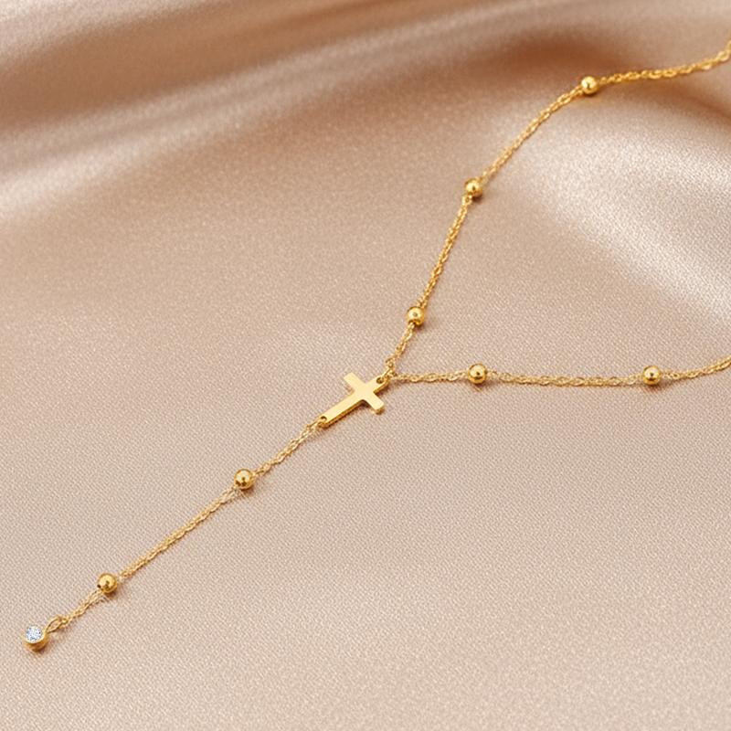 Stainless Steel Cross Bead Pendant Necklace for Women Simple Metal Inlaid Zircon Long Y-Shaped Clavicle Chain Aesthetic Jewelry
